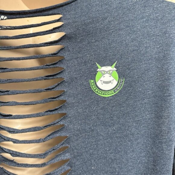 MONSTER RESERVATIONS Fabric Fringe-Cut Top Tee Large Blue/Gray Shredded Back - Picture 7 of 15